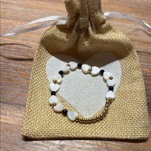 New! Heart Shell Beaded Bracelet with 14k Plated Gold and Black Agate Accents